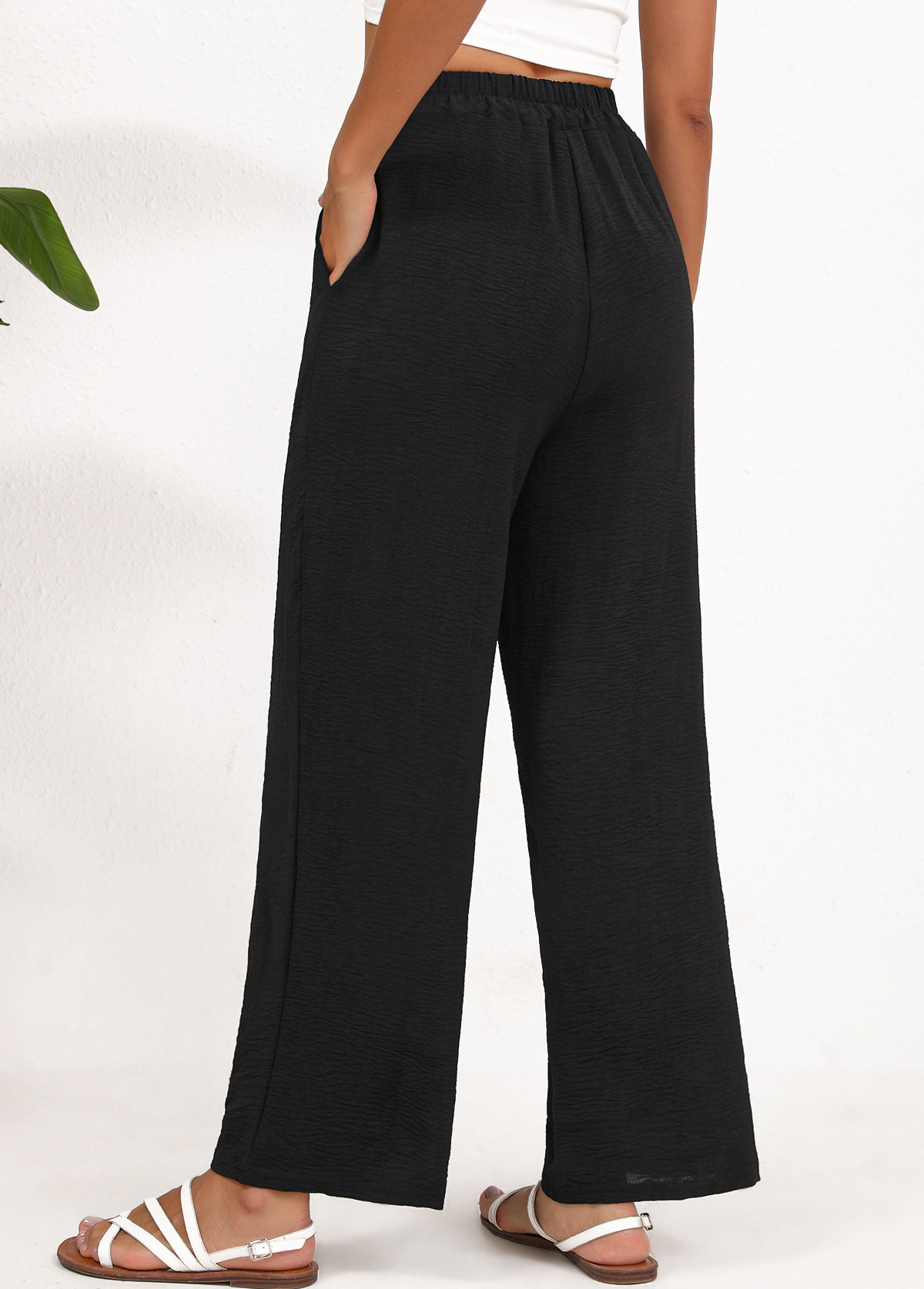 Black Wide Leg Elastic Waist High Waisted Pants