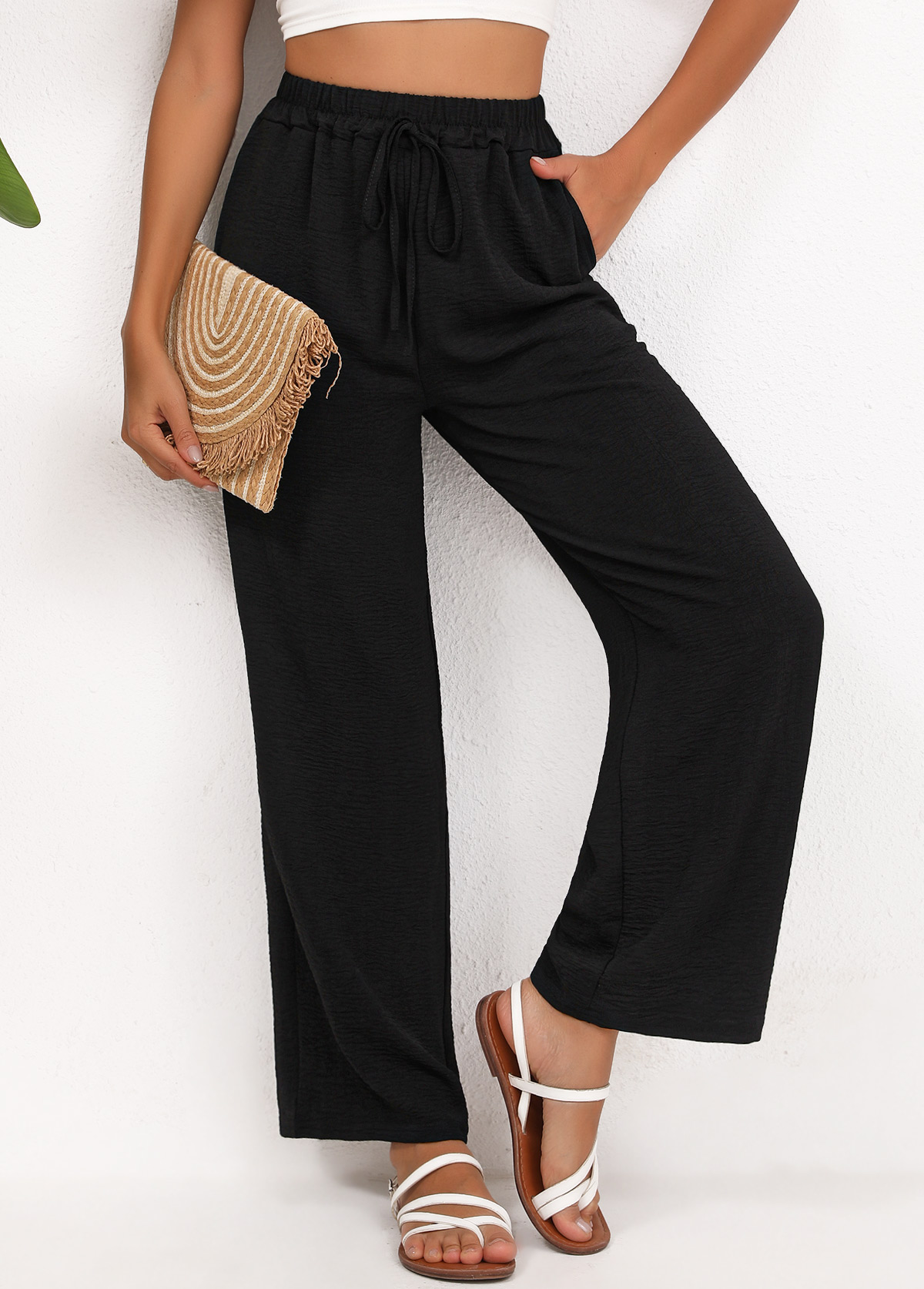 Black Wide Leg Elastic Waist High Waisted Pants