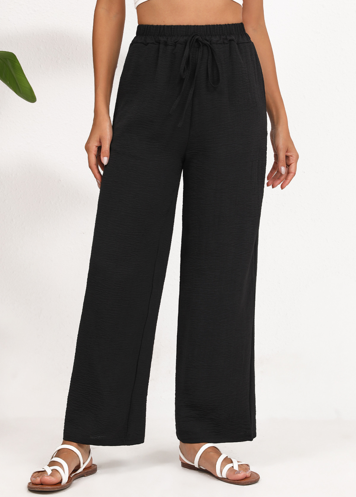 Black Wide Leg Elastic Waist High Waisted Pants