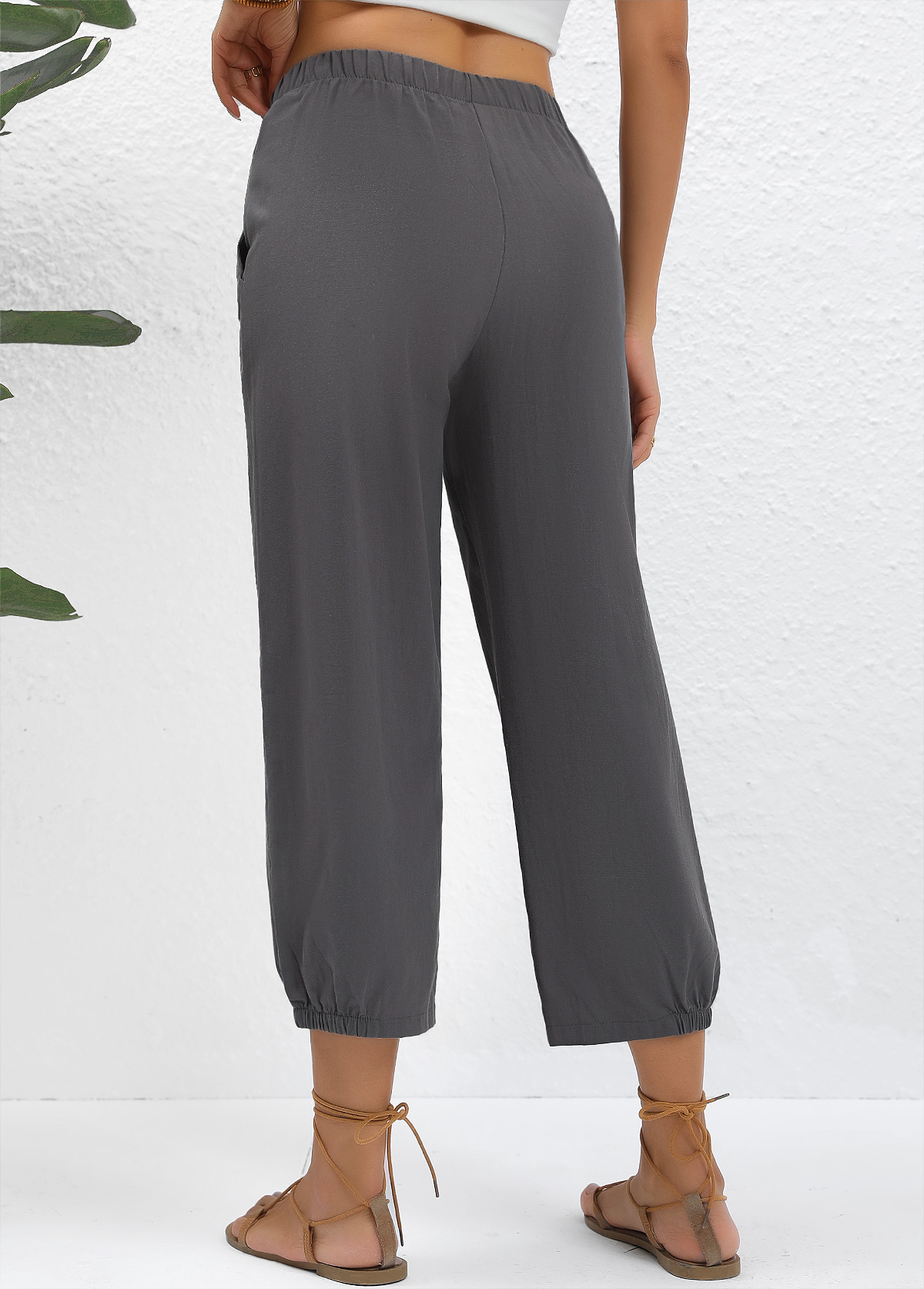 Jogger Dark Grey Elastic Waist High Waisted Pants | Rosewe.com - USD $31.98