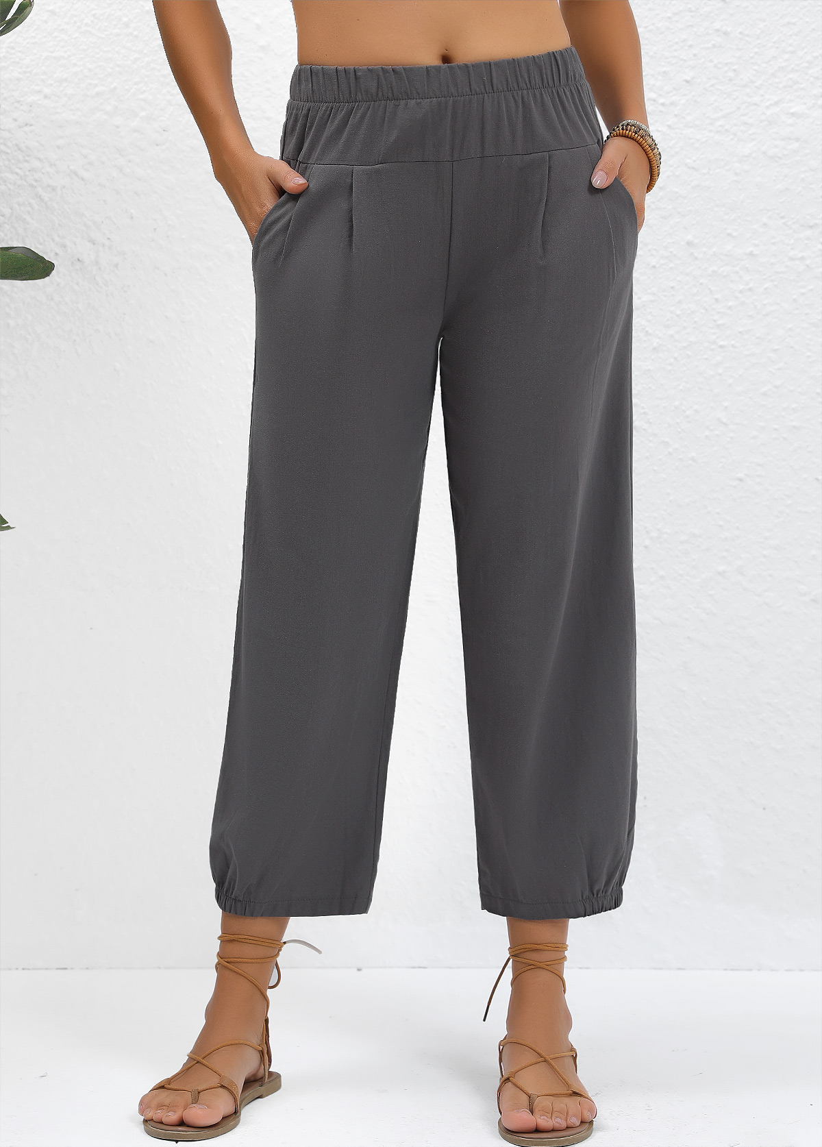 Jogger Dark Grey Elastic Waist High Waisted Pants | Rosewe.com - USD $31.98