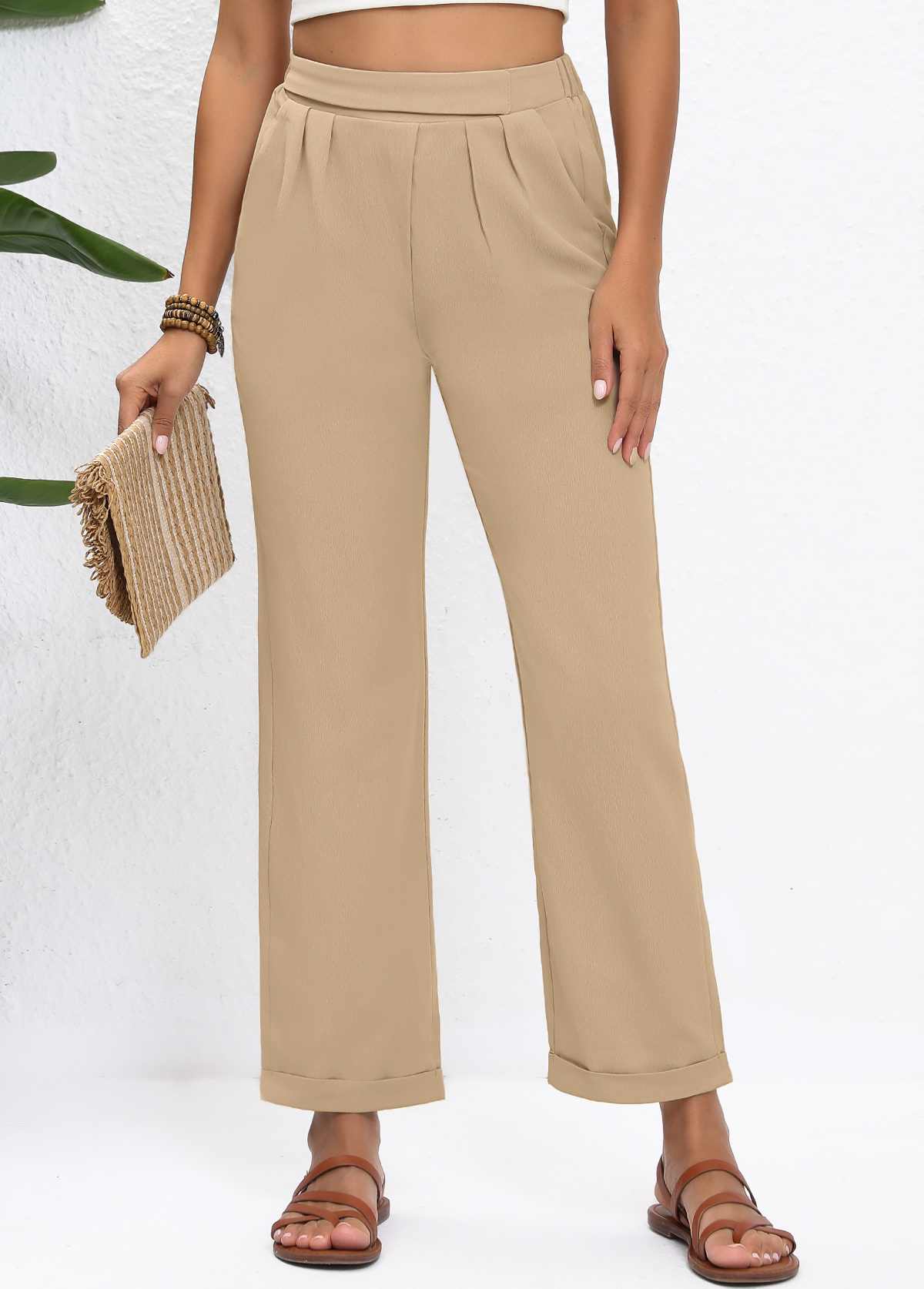 Straight Leg Elastic Waist High Waisted Light Camel Pants