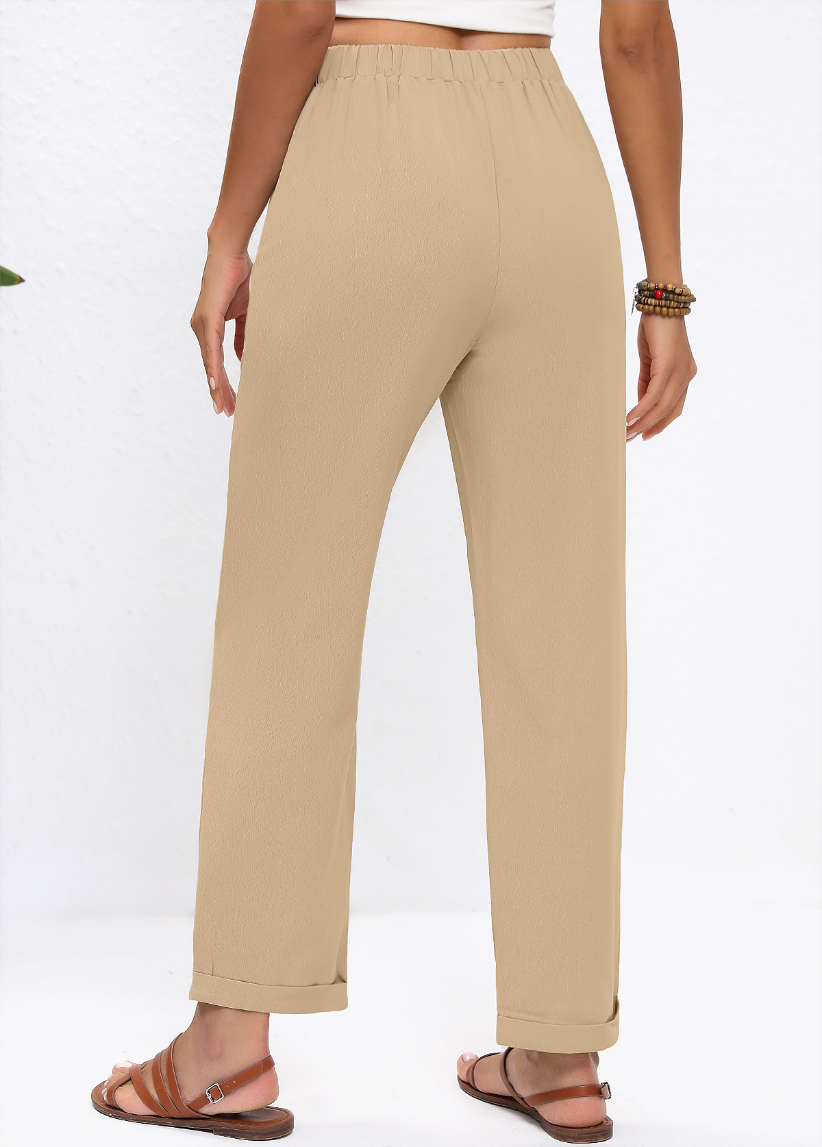 Straight Leg Elastic Waist High Waisted Light Camel Pants