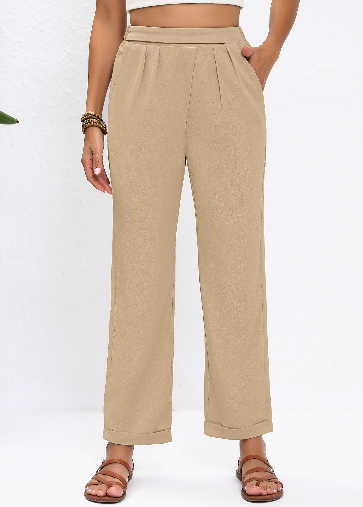 Straight Leg Elastic Waist High Waisted Light Camel Pants