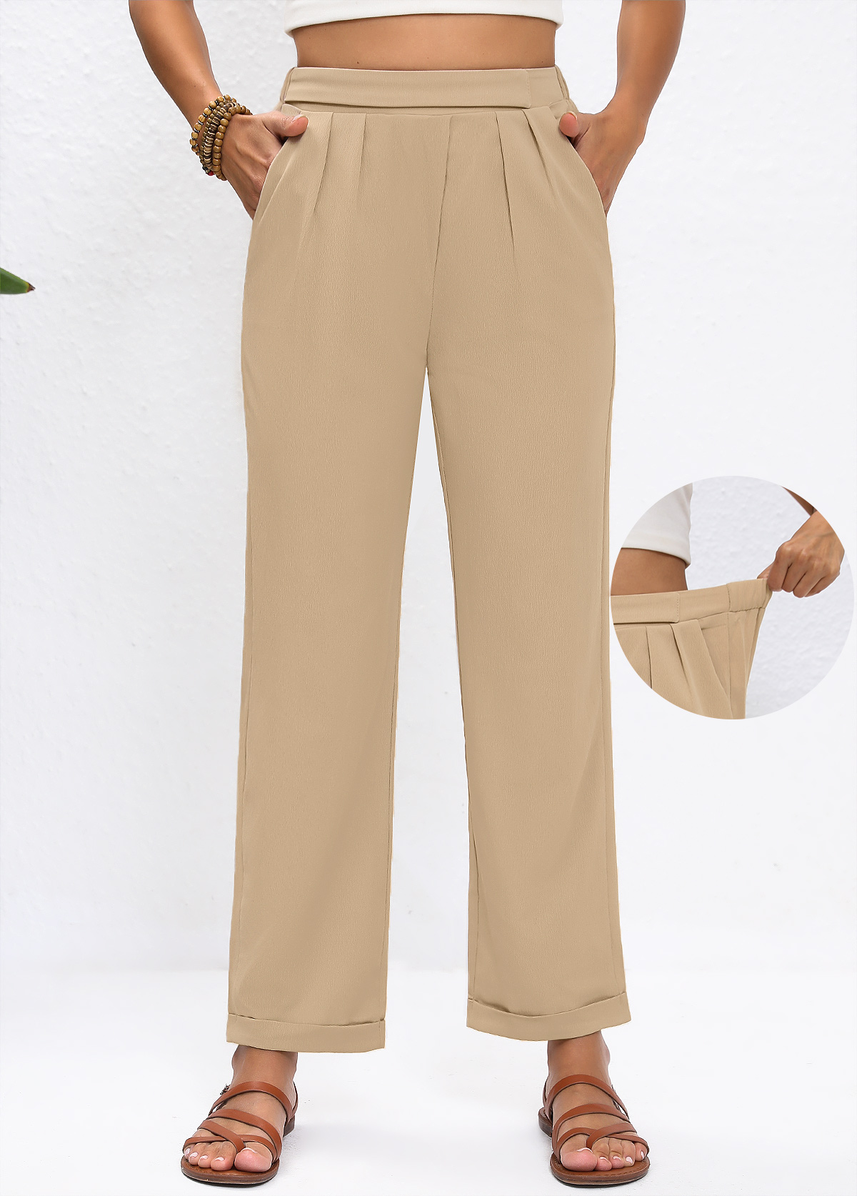 Straight Leg Elastic Waist High Waisted Light Camel Pants