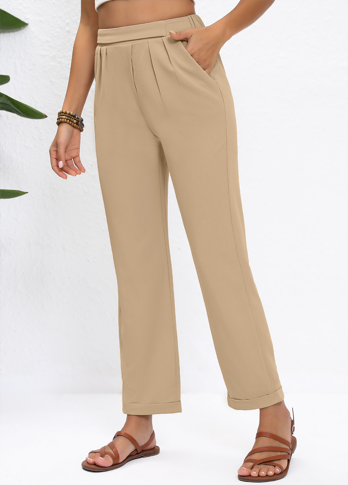 Straight Leg Elastic Waist High Waisted Light Camel Pants