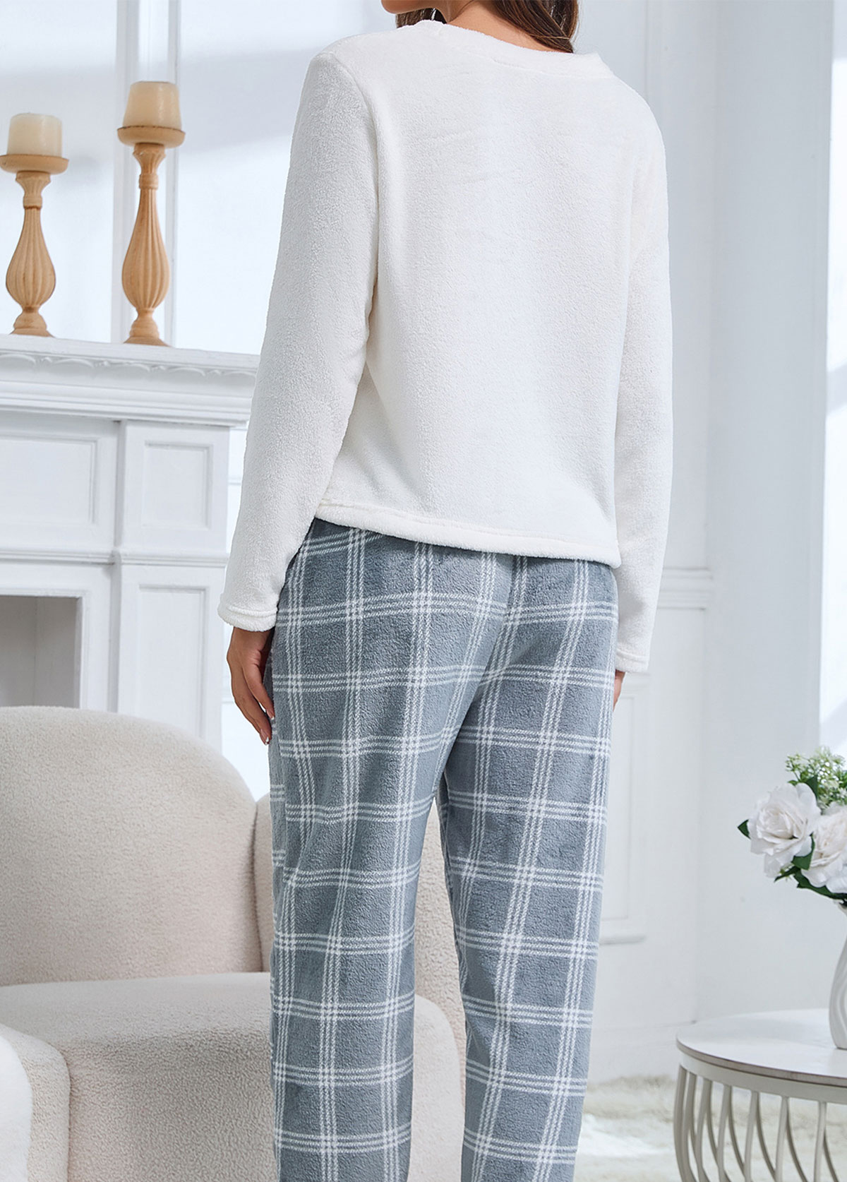Dusty Blue Round Neck Plaid Lounge Top and Pants | Rosewe.com - USD $34.98