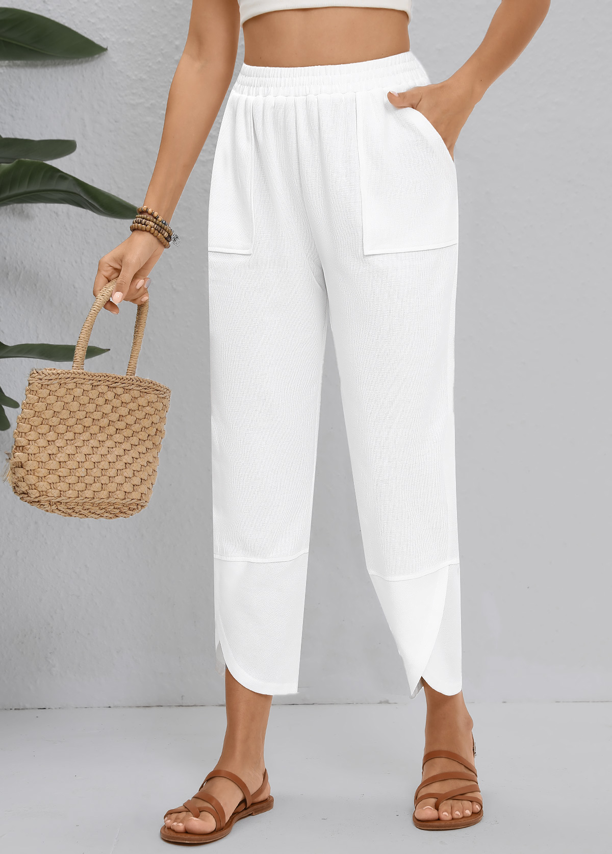 Straight Leg Elastic Waist High Waisted White Pants