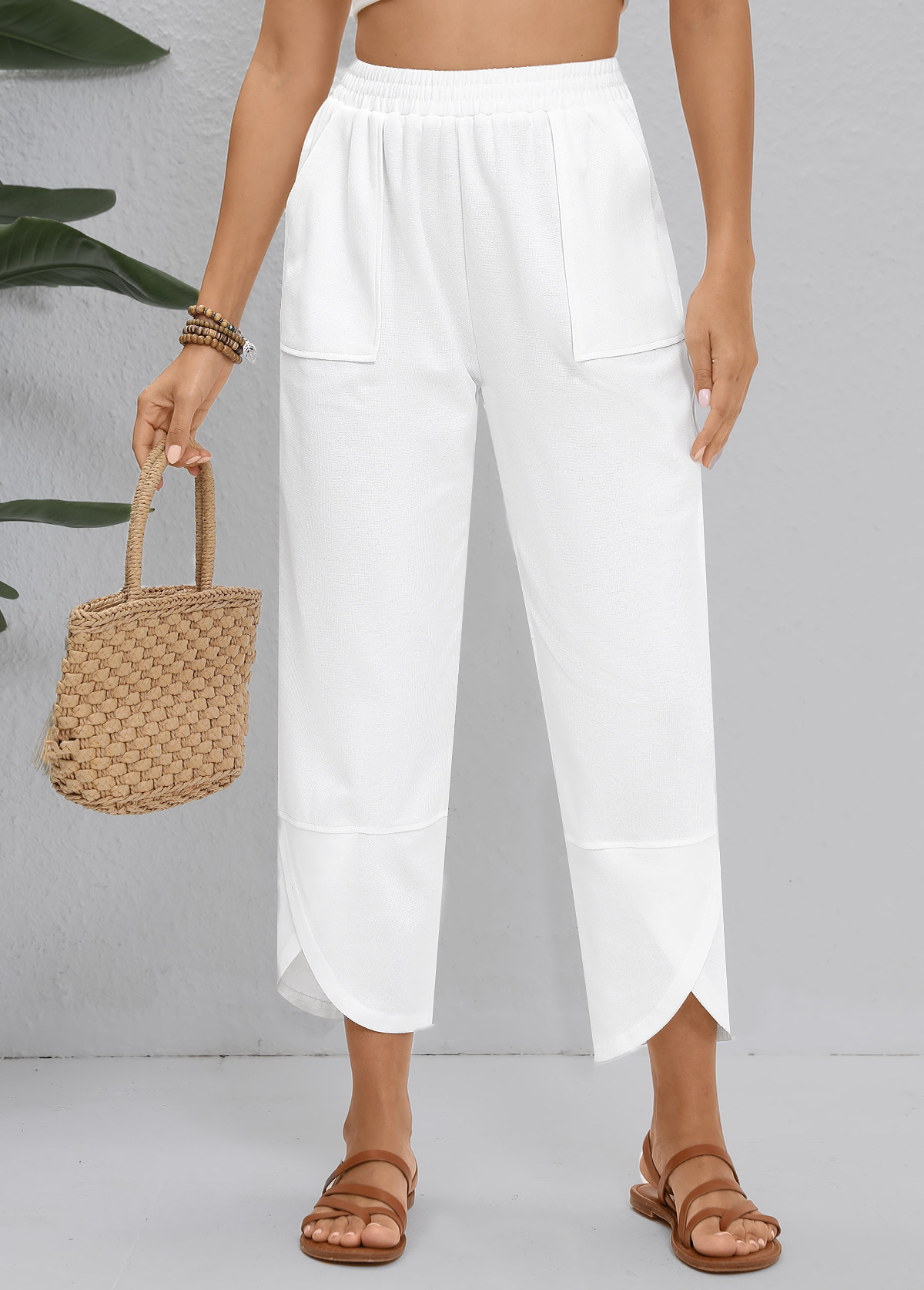 Straight Leg Elastic Waist High Waisted White Pants