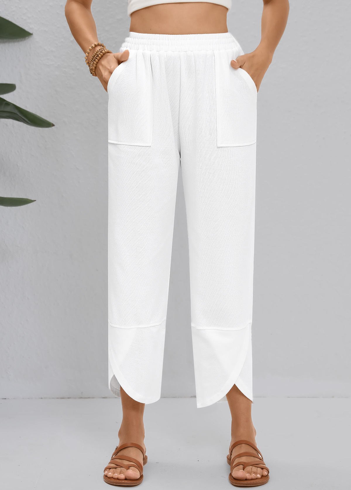 Straight Leg Elastic Waist High Waisted White Pants