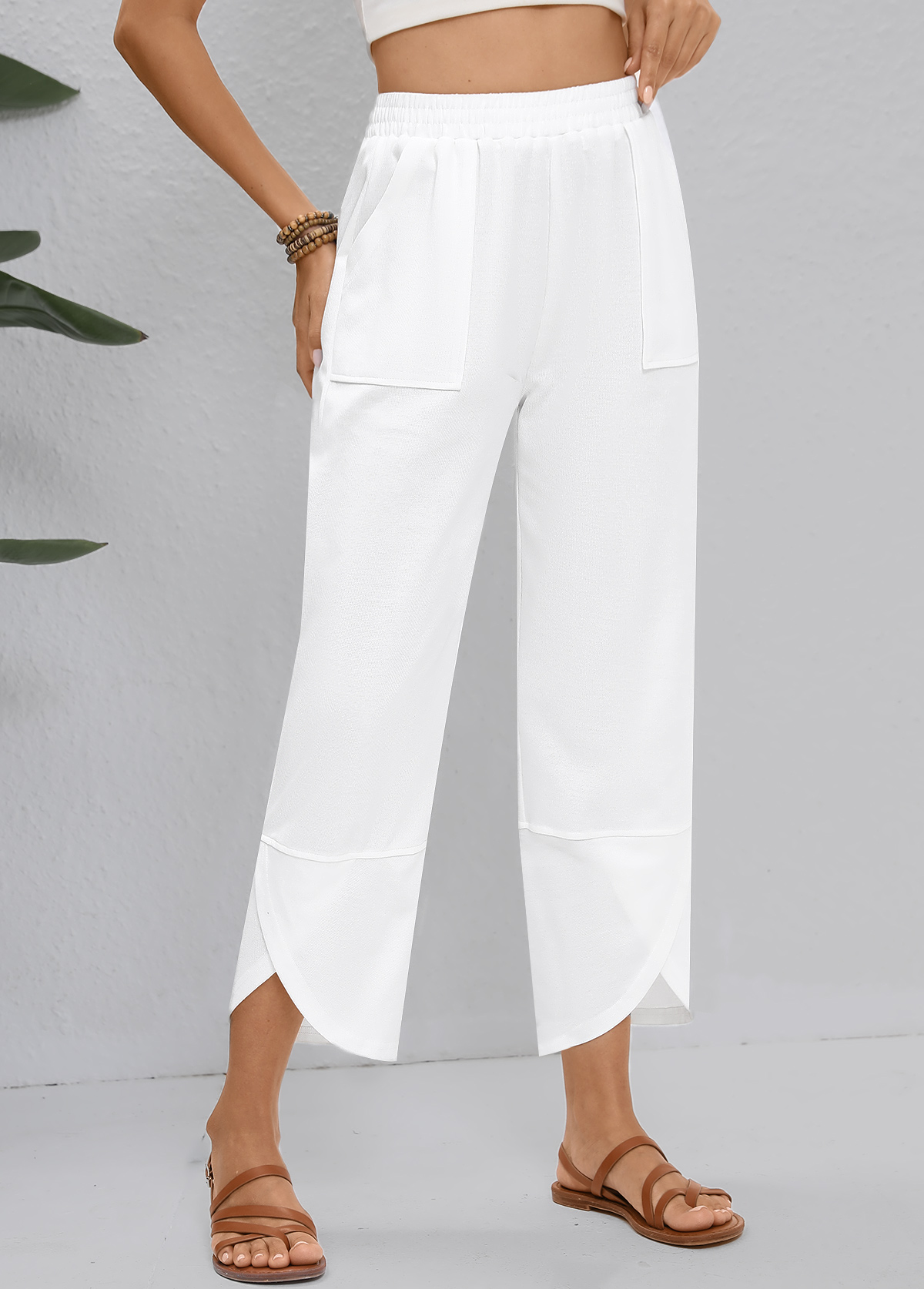 Straight Leg Elastic Waist High Waisted White Pants