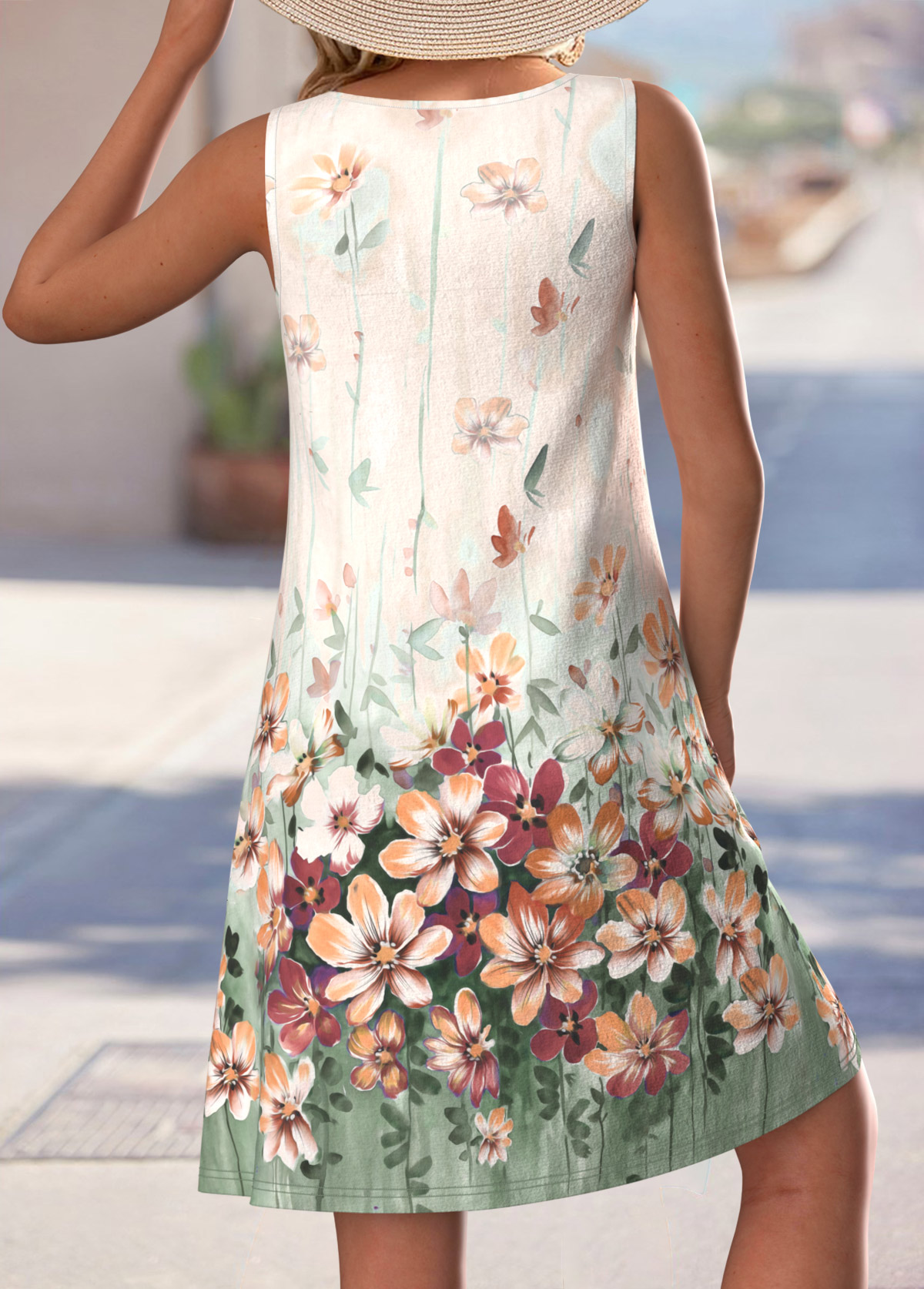 Floral Print Cut Out Beige A Line Sleeveless Dress