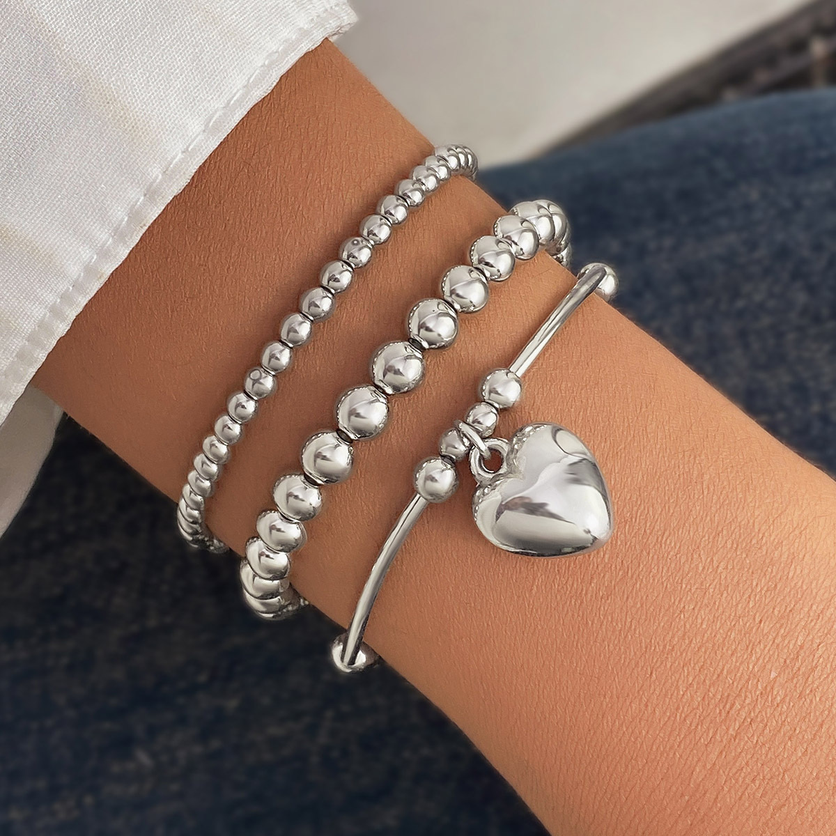 Silver Heart Beaded Alloy Bracelet Set