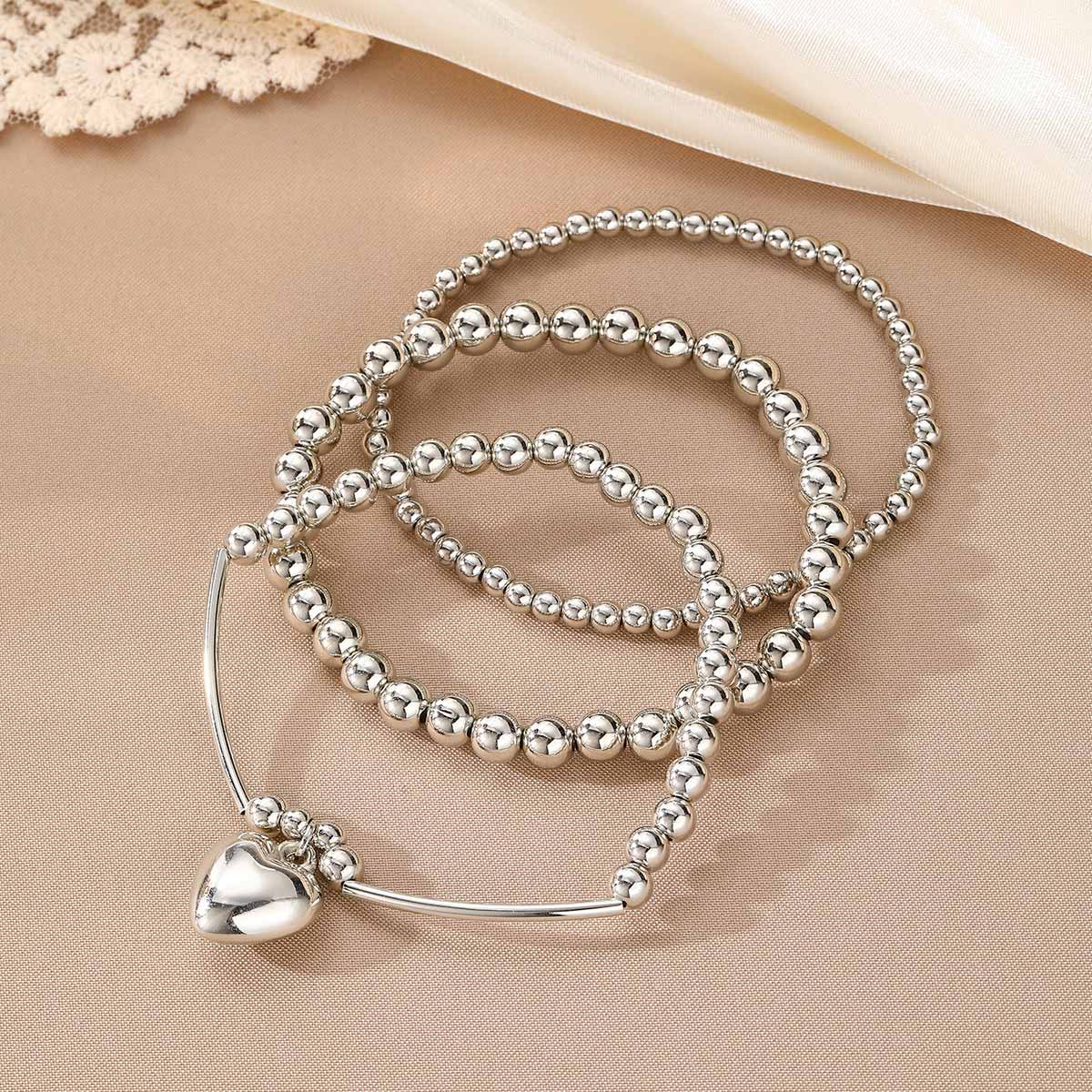 Silver Heart Beaded Alloy Bracelet Set