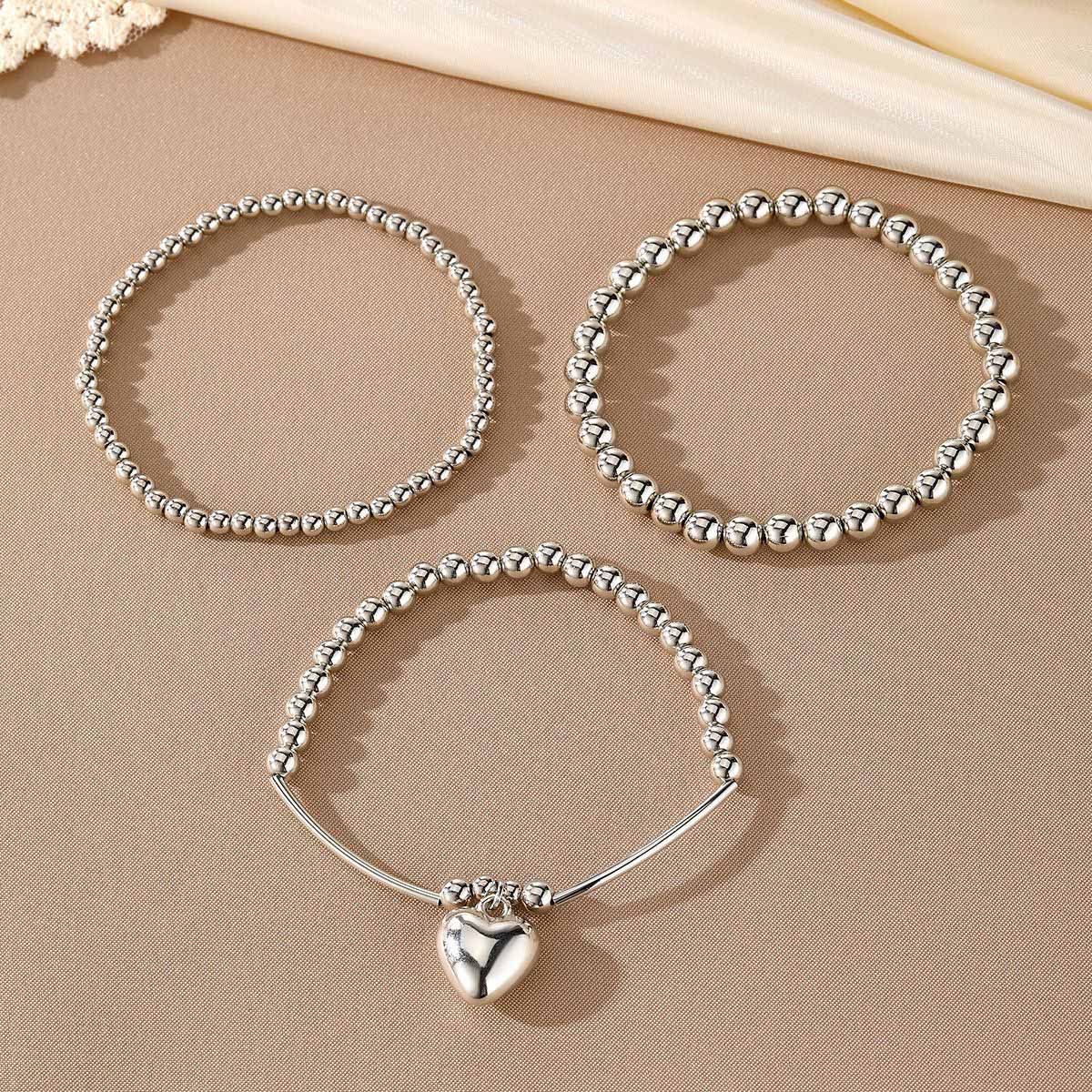 Silver Heart Beaded Alloy Bracelet Set
