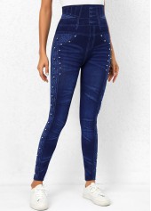 Beaded Denim Blue Elastic Waist Leggings