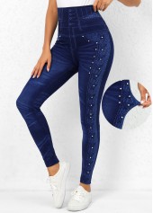Beaded Denim Blue Elastic Waist Leggings