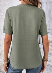 Sage Green Split Neck Short Sleeve Button Blouse