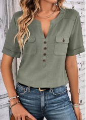 Sage Green Split Neck Short Sleeve Button Blouse
