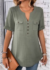 Sage Green Split Neck Short Sleeve Button Blouse