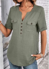 Sage Green Split Neck Short Sleeve Button Blouse