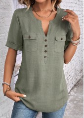 Sage Green Split Neck Short Sleeve Button Blouse