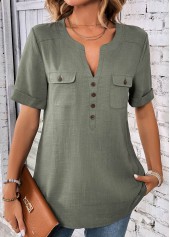 Sage Green Split Neck Short Sleeve Button Blouse
