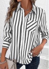 Striped Pocket White Shirt Collar Long Sleeve Blouse