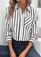 Striped Pocket White Shirt Collar Long Sleeve Blouse