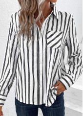 Striped Pocket White Shirt Collar Long Sleeve Blouse