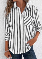 Striped Pocket White Shirt Collar Long Sleeve Blouse