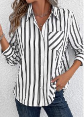 Striped Pocket White Shirt Collar Long Sleeve Blouse