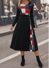 Round Neck Plaid Button Black Dress