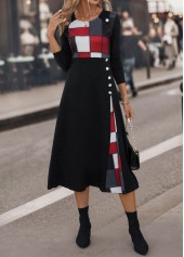 Round Neck Plaid Button Black Dress