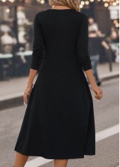 Round Neck Plaid Button Black Dress