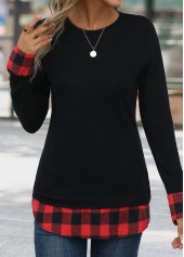 Plaid Patchwork Red Long Sleeve Round Neck T Shirt