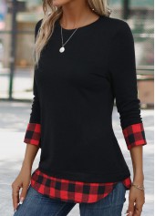 Plaid Patchwork Red Long Sleeve Round Neck T Shirt