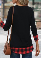 Plaid Patchwork Red Long Sleeve Round Neck T Shirt