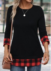 Plaid Patchwork Red Long Sleeve Round Neck T Shirt