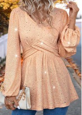 Hot Stamping Light Pink Long Sleeve V Neck Blouse