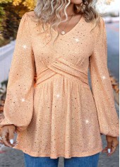 Hot Stamping Light Pink Long Sleeve V Neck Blouse