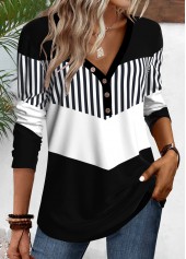 Geometric Print Button Black Long Sleeve T Shirt