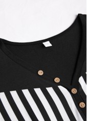 Geometric Print Button Black Long Sleeve T Shirt