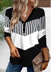 Geometric Print Button Black Long Sleeve T Shirt