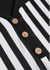 Geometric Print Button Black Long Sleeve T Shirt