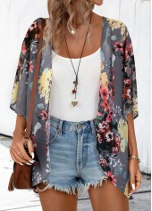 Floral Print Dark Grey 3/4 Sleeve Light Cardigan