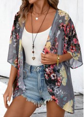 Floral Print Dark Grey 3/4 Sleeve Light Cardigan