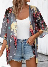 Floral Print Dark Grey 3/4 Sleeve Light Cardigan