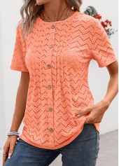 Tuck Stitch Orange Short Sleeve Round Neck T Shirt