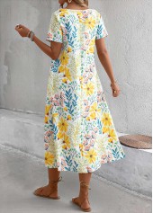 Floral Print Pocket Yellow A Line Short Sleeve Dress